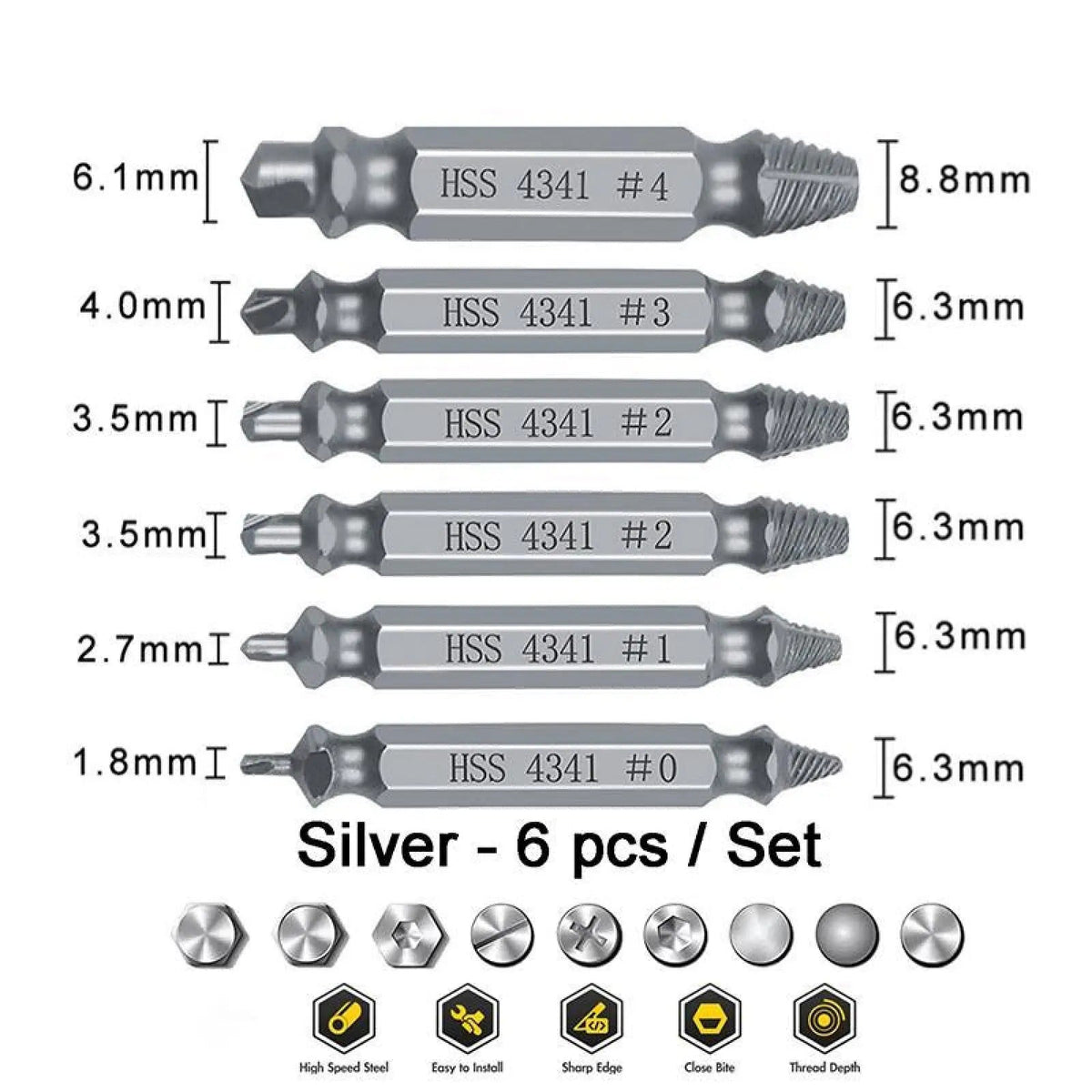 6-Count Broken Screw & Bolt Extractor Set, Double-Head Design Hardware Tool for Broken Bolt Fix, Sliding Tooth Fix & Damaged Screws, Clip-On Bit Power Tool Accessory for Household Repair