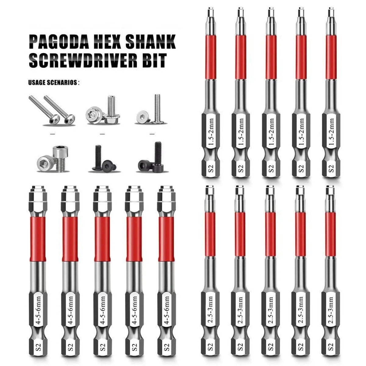 6-Piece Metal Hex Socket Screwdriver Bit Set - Hex Shanks, Pagoda Centering Internal Design, Magnetic Tips, 1.5mm-6mm Nut Tightening, Torque Boost, Compatible with Drills/Wrenches, for Hand Tools, Tools and Gadgets, Construction, Household Work