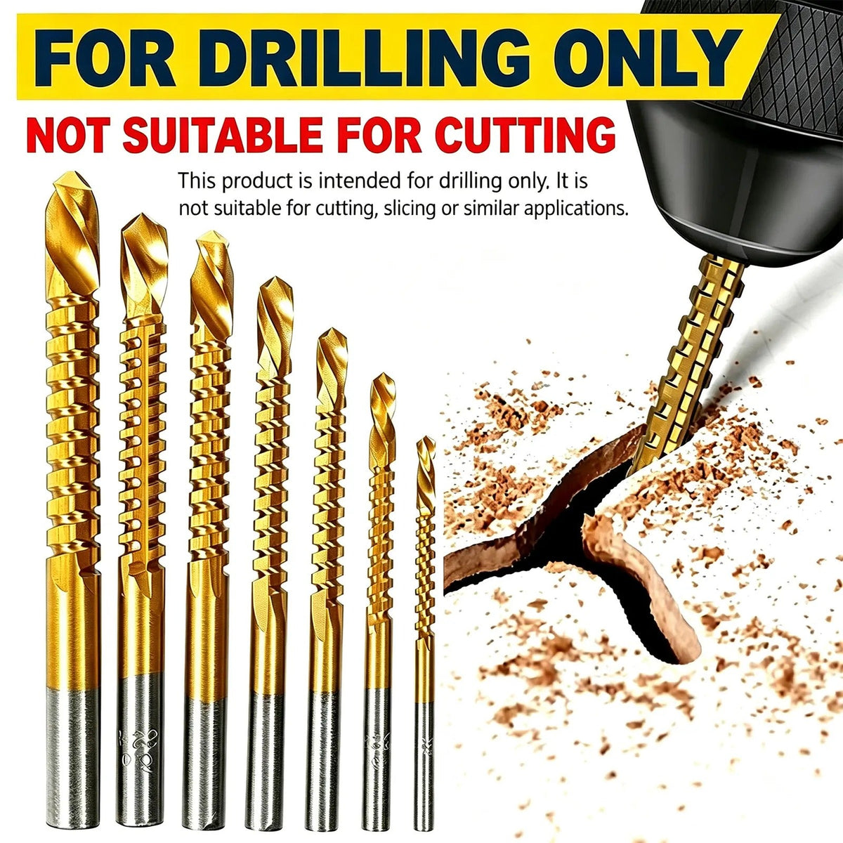 6-Pack Titanium-Plated High-Speed Steel Power Drill Bits Set, Straight Shank Durable Construction, Wear-Resistant Titanium Coating for Wood & Plastic Drilling, Drilling Only Not for Cutting Drillbits Metal Drill Bits