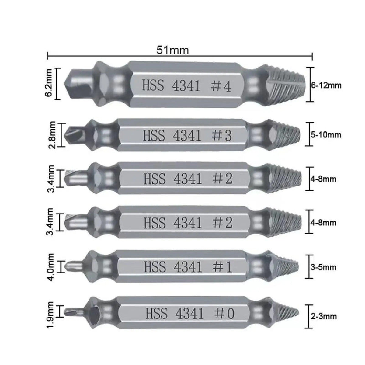 6-Count Broken Screw & Bolt Extractor Set, Double-Head Design Hardware Tool for Broken Bolt Fix, Sliding Tooth Fix & Damaged Screws, Clip-On Bit Power Tool Accessory for Household Repair
