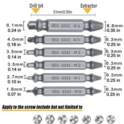 6-Count Broken Screw & Bolt Extractor Set, Double-Head Design Hardware Tool for Broken Bolt Fix, Sliding Tooth Fix & Damaged Screws, Clip-On Bit Power Tool Accessory for Household Repair