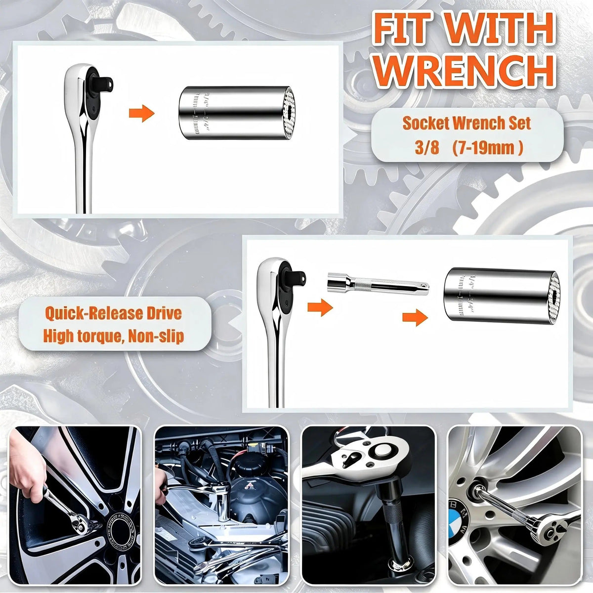 Universal Socket Tools Gifts for Men - Christmas Stocking Stuffers for Men Cool Stuff Ideas Gadgets Birthday Gifts for Him Dad Husband Women Grip Socket Set with Power Drill Adapter (7‑19mm)