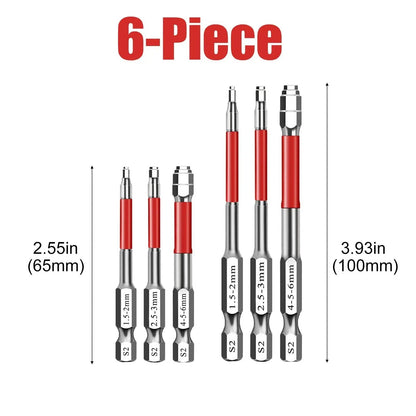 6-Piece Metal Hex Socket Screwdriver Bit Set - Hex Shanks, Pagoda Centering Internal Design, Magnetic Tips, 1.5mm-6mm Nut Tightening, Torque Boost, Compatible with Drills/Wrenches, for Hand Tools, Tools and Gadgets, Construction, Household Work