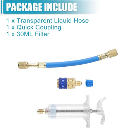Oil and Dye Injectors Kit 30ml/1 Oz Hand Push Compressor Manual AC Oil Dye Injector with Quick Coupler 1/4 SAE Connector Car HVAC Compressor Oil Dye Injector Refrigerant Tool