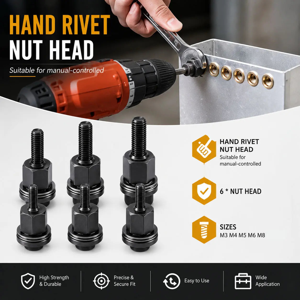 Head Rivet Nut Tool, M3 M4 M5 M6 M8 Rivnut Kit, Carbon Steel Rivnut Set, Threaded Rivet Nut Kit, Manual Riveter Rivnuts Tool Accessory for Automotive Repair Warehouses
