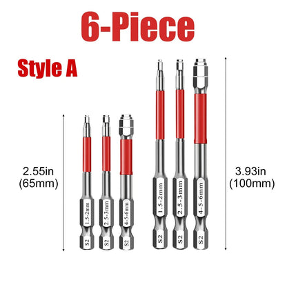 6-Piece Metal Hex Socket Screwdriver Bit Set - Hex Shanks, Pagoda Centering Internal Design, Magnetic Tips, 1.5mm-6mm Nut Tightening, Torque Boost, Compatible with Drills/Wrenches, for Hand Tools, Tools and Gadgets, Construction, Household Work